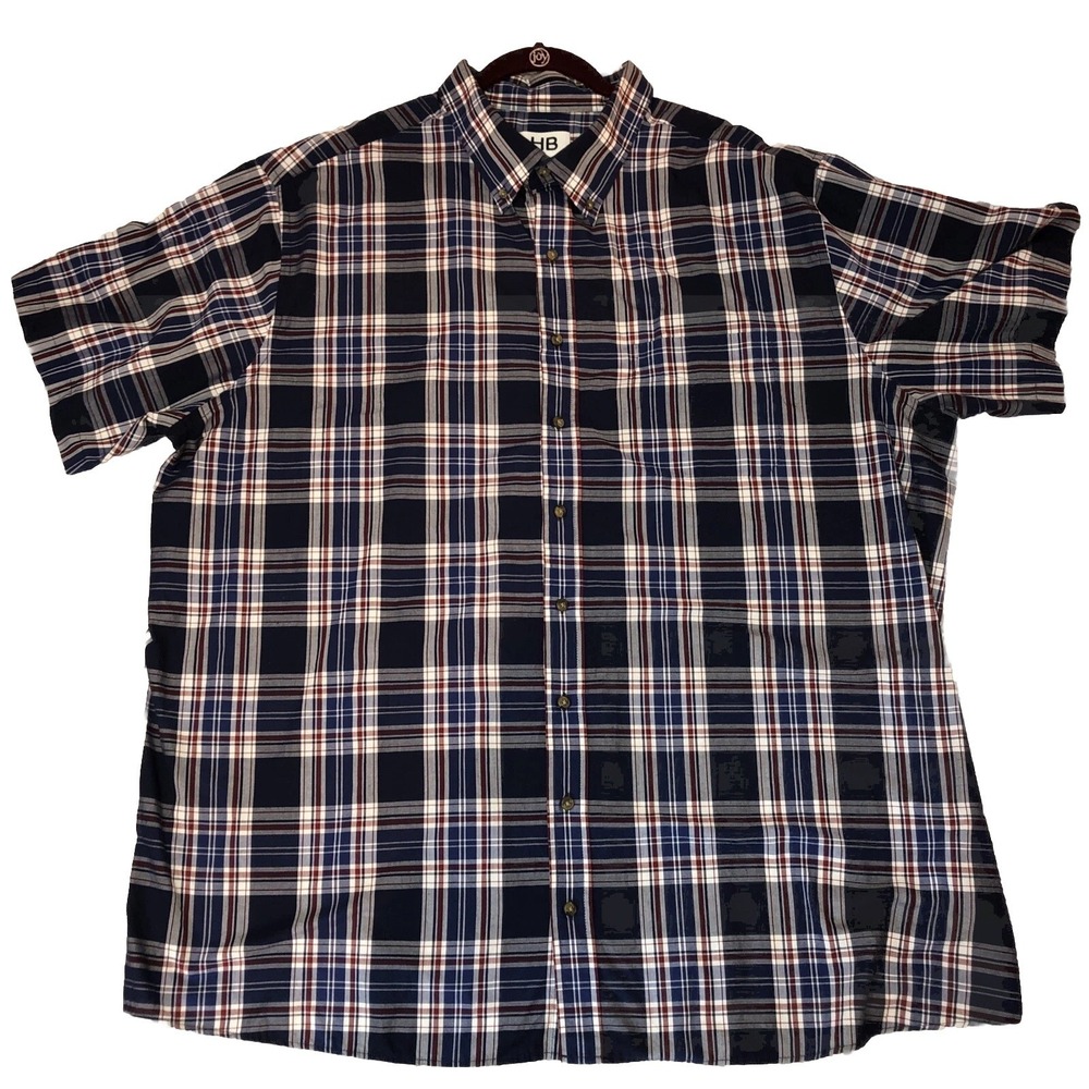 HARBOR BAY Button Up Shirt Men's 2XL Dark‎ Blue Red White Plaid Short Sleeve